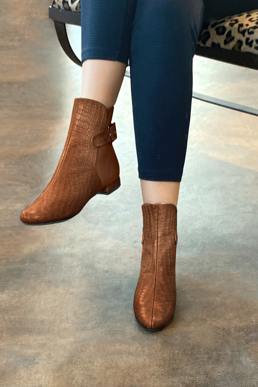 Caramel brown women's ankle boots with buckles at the back. Round toe. Flat block heels. Worn view - Florence KOOIJMAN